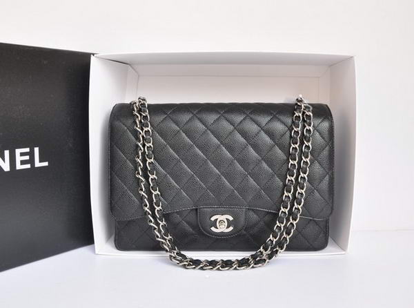 Chanel A47600 Black Original Caviar Leather Jumbo Flap Bag Silver