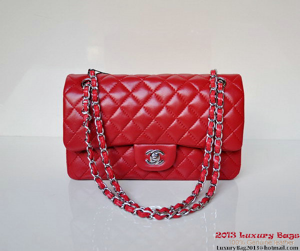 Chanel A01112 Classic Flap Bag Red Sheepskin Silver