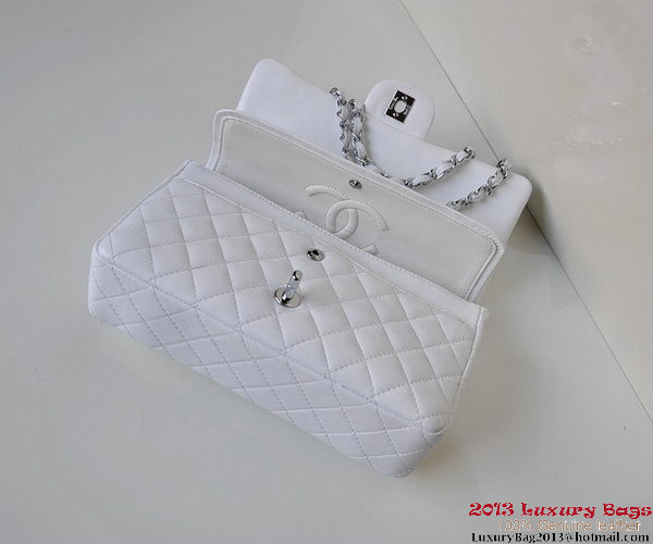 Chanel A01112 Classic Flap Bag White Sheepskin Silver