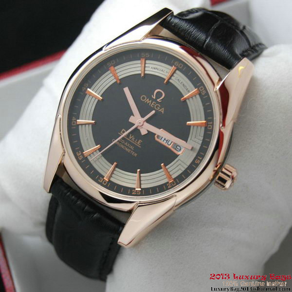 OMEGA DE VILLE HOUR VISION ANNUAL CALENDAR Red Gold on Black Leather Strap OM77124