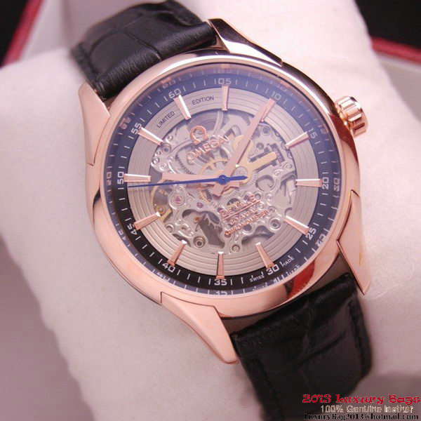 OMEGA DE VILLE Tourbillon Watches Red Gold on Black Leather Strap Om7016