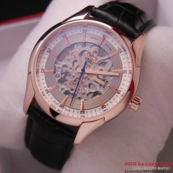 OMEGA DE VILLE Tourbillon Watches Red Gold on Black Leather Strap Om7014