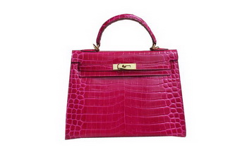 Hermes Kelly 32cm Shoulder Bag Rose Croco Patent Leather K32 Gold