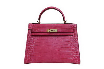 Hermes Kelly 32cm Shoulder Bag Pink Croco Patent Leather K32 Gold