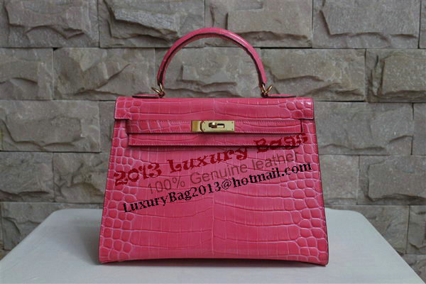 Hermes Kelly 32cm Shoulder Bag Pink Croco Patent Leather K32 Gold