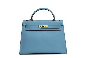 Hermes Kelly 32cm Shoulder Bag Light Blue Saffiano Leather K32 Gold