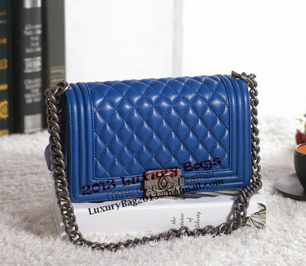 Chanel Boy Flap Shoulder Bag in Blue Lambskin Leather A67086 Silver