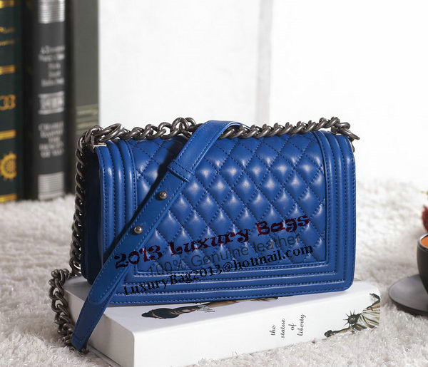 Chanel Boy Flap Shoulder Bag in Blue Lambskin Leather A67086 Silver