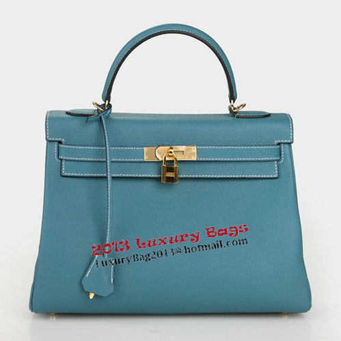 Hermes Kelly 32cm Shoulder Bag Light Blue Original Leather K32 Gold