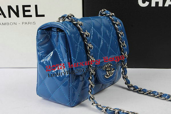 Chanel Classic MINI Flap Bag Blue Original Patent Leather CF1115 Silver