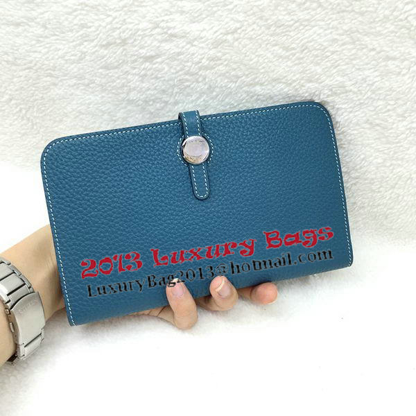 Hermes Dogon Combined Wallet Litchi Leather A508 Blue