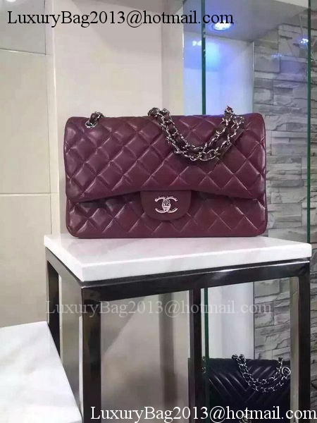 Chanel Jumbo Classic Flap Bag Burgundy Sheepskin Leather A1113 Silver