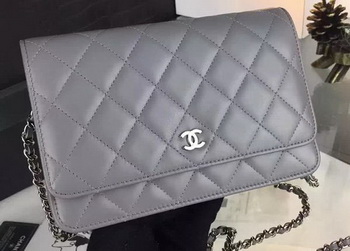 Chanel WOC mini Flap Bag Grey Sheepskin A5373 Silver