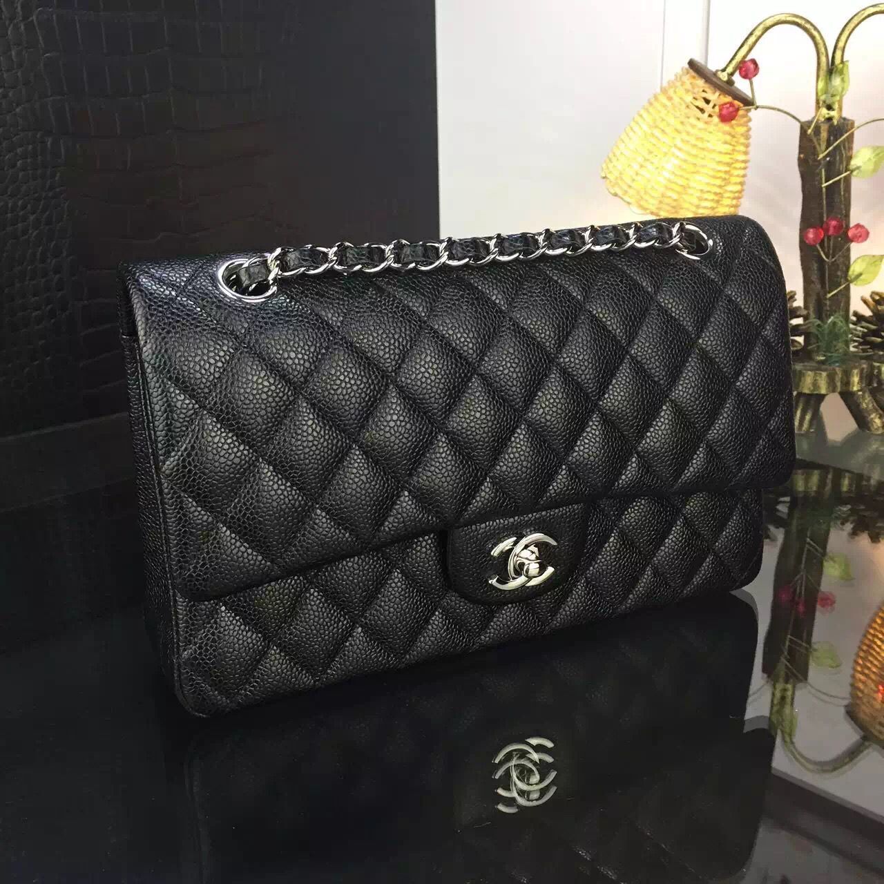 Chanel 2.55 Series Flap Bag Original Lambskin Leather Black Silver 1113