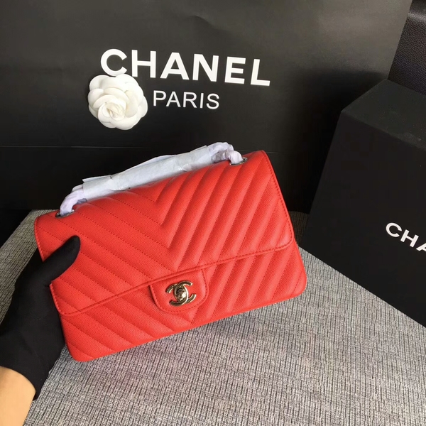 Chanel Flap Shoulder Bags Red Original Calfskin Leather CF1112 Silver