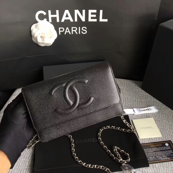 Chanel WOC Original Calfskin Leather Black Shoulder Bag 33814 Silver