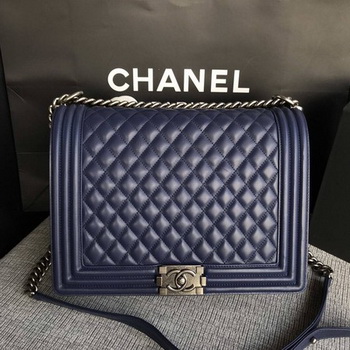 Boy Chanel Flap Shoulder Bag Blue Original Sheepskin Leather A67087 Silver