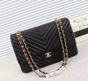 Chanel Maxi Classic Flap Bag Black Chevron Sheepskin Leather A58601 Gold