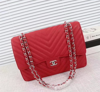 Chanel Maxi Quilted Classic Flap Bag Red Chevron Cannage Pattern A58601 Silver