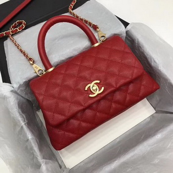 Chanel Classic Top Handle Bag Red Cannage Pattern A92290 Gold