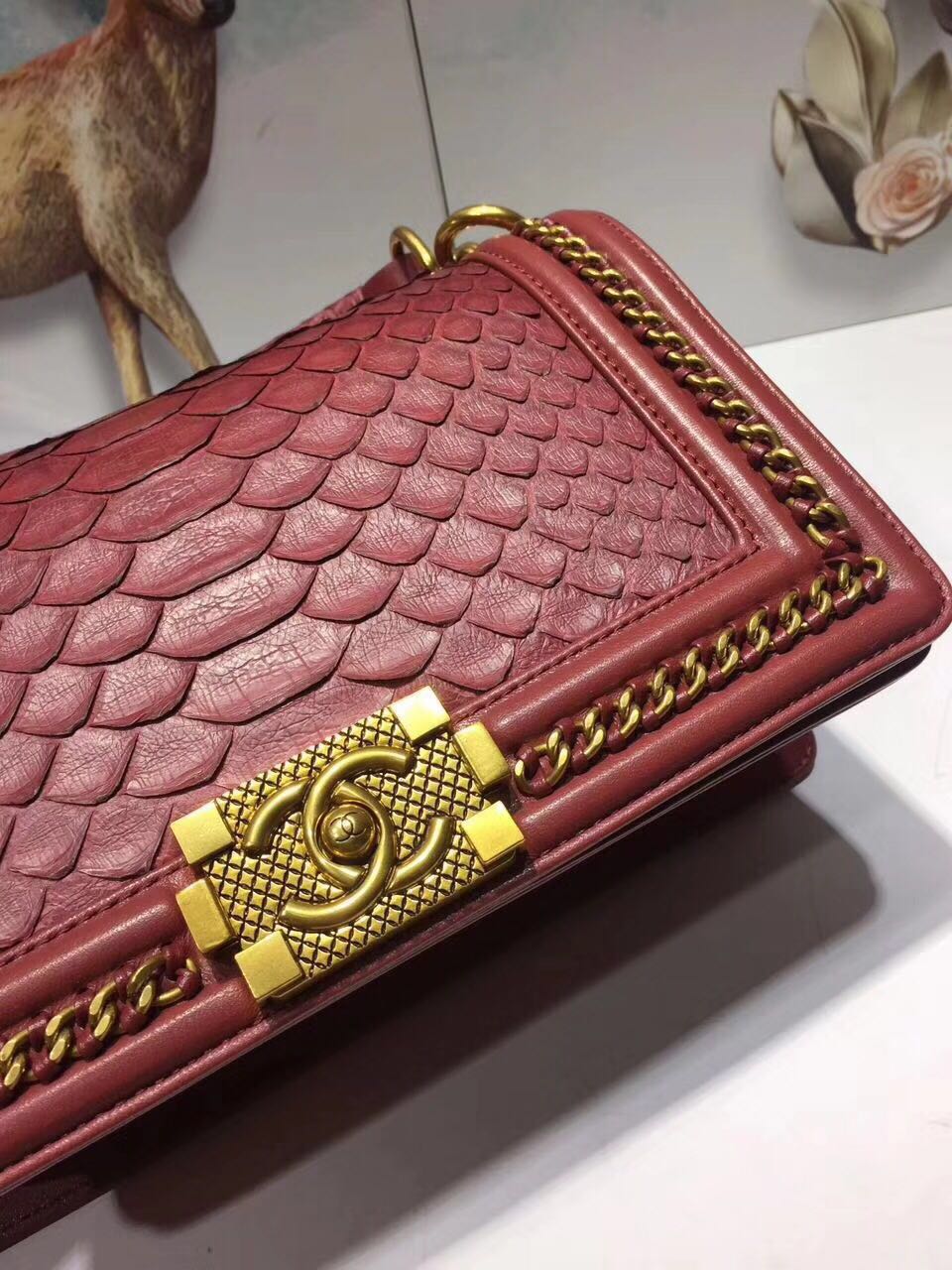 Boy Chanel Flap Shoulder Bag original Snake leather 67086 red