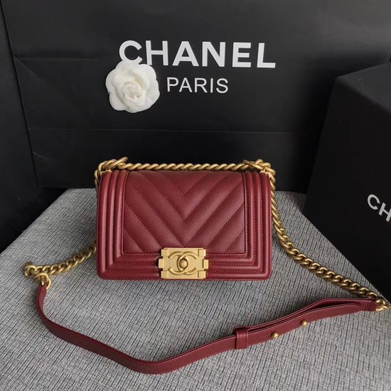 Chanel Le Boy Flap Shoulder Bag Original Caviar Leather P67085 Deep red Gold Buckle