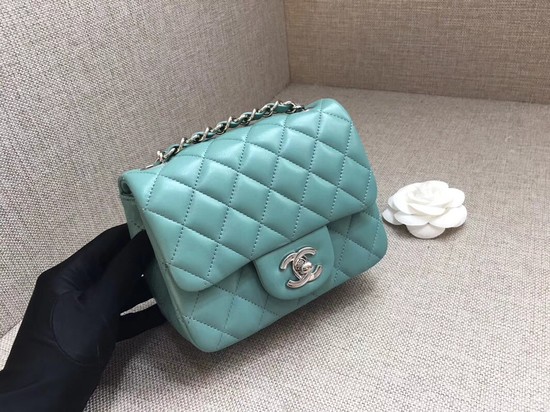 Chanel Classic MINI Flap Bag original Sheepskin Leather A1115 Light blue silver chain