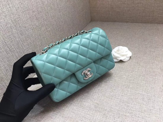 Chanel Classic MINI Flap Bag original Sheepskin Leather A1116 Light blue silver chain