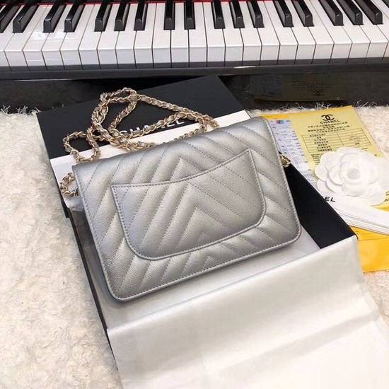 Chanel WOC Original Caviar Leather Flap cross-body bag V33814 Silver grey gold chain