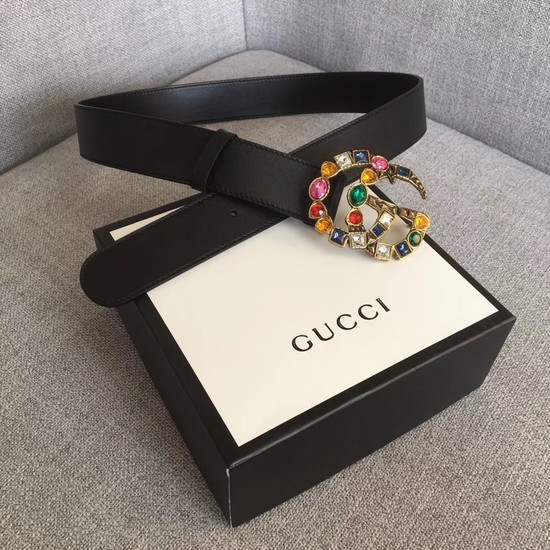 Gucci Leather belt with crystal Double G buckle 513184 black