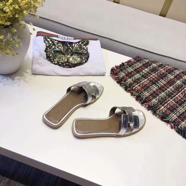 Hermes lady leather fashion Slipper HO811HMJ silver