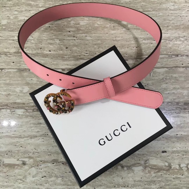 Gucci Leather belt with crystal Double G buckle 480199 pink