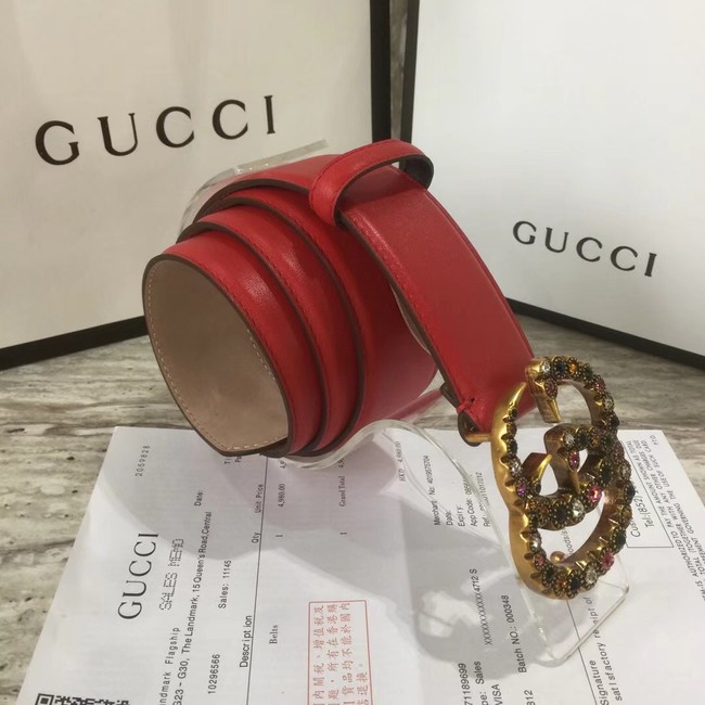 Gucci Leather belt with crystal Double G buckle 480199 red