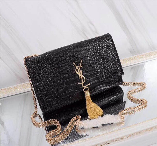 SAINT LAURENT Kate monogram medium crocodile-embossed leather shoulder bag A9288 black