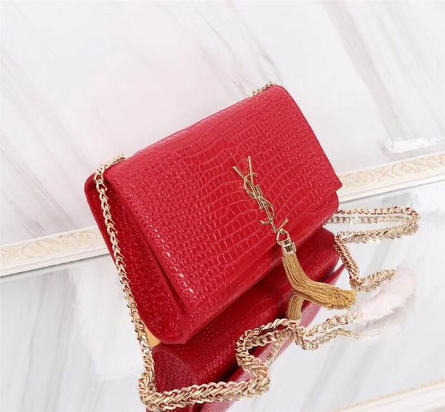 SAINT LAURENT Kate monogram medium crocodile-embossed leather shoulder bag A9288 red