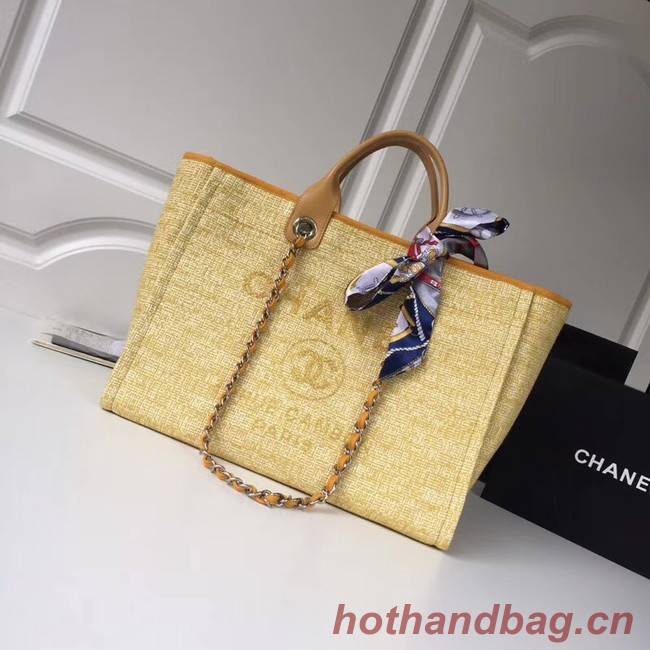 Chanel Original Tote Shopping Bag Canvas Calfskin & Silver-Tone Metal 92298 Yellow