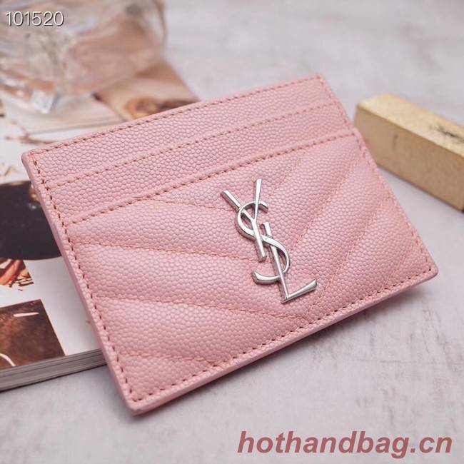 SAINT LAURENT Monogram leather card holder 88337 Rose Ballerine Silver-Tone Metal