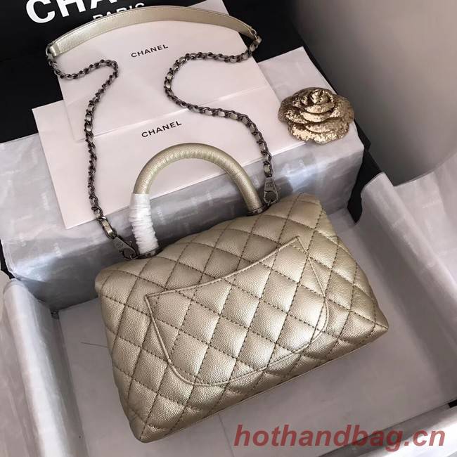 Chanel original Caviar leather flap bag top handle A92290 Light gold&silver-Tone Metal