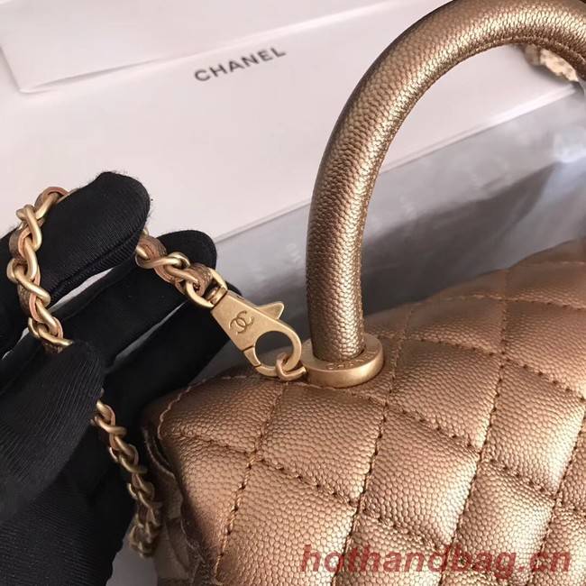 Chanel original Caviar leather flap bag top handle A92290 bronze&Gold-Tone Metal