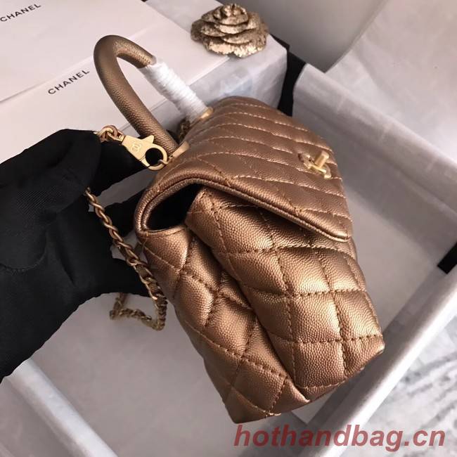 Chanel original Caviar leather flap bag top handle A92290 bronze&Gold-Tone Metal