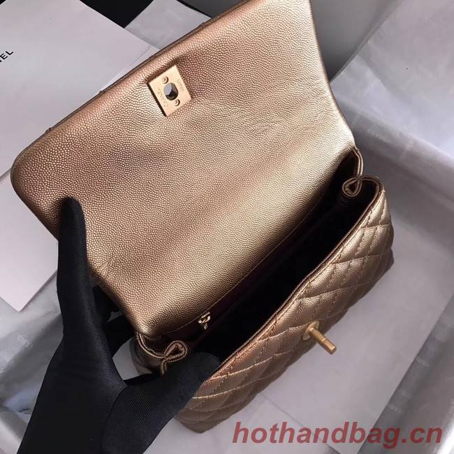 Chanel original Caviar leather flap bag top handle A92290 bronze&Gold-Tone Metal