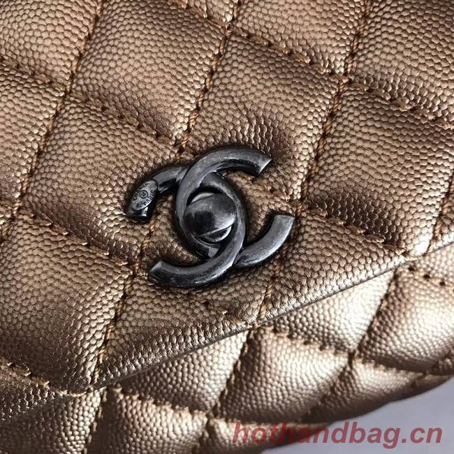 Chanel original Caviar leather flap bag top handle A92290 bronze&silver-Tone Metal