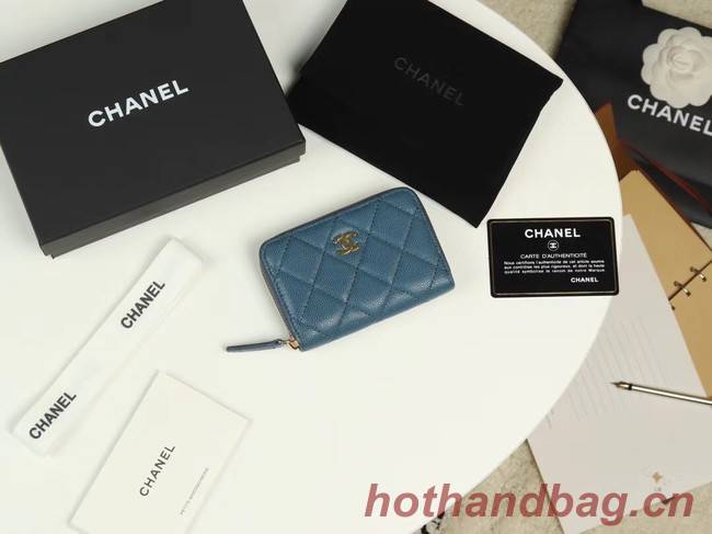 Chanel classic card holder Grained Calfskin & Gold-Tone Metal A69271 Blue