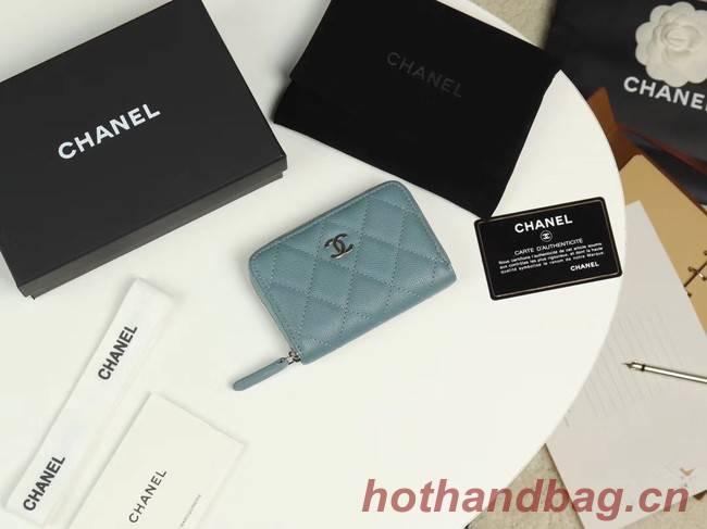 Chanel classic card holder Grained Calfskin & silver-Tone Metal A69271 light Blue