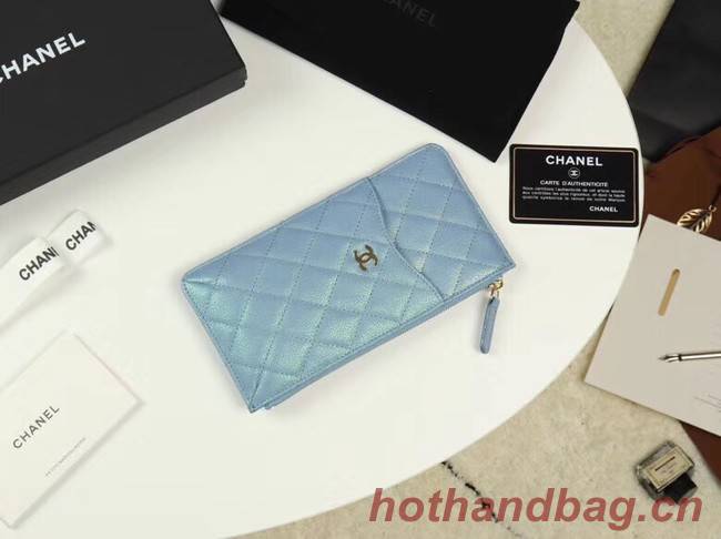 Chanel Calfskin Leather Card packet & Gold-Tone Metal A81598 light blue