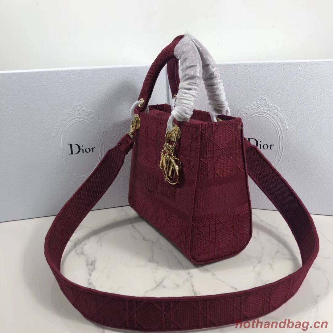 LADY DIOR TOTE BAG IN EMBROIDERED CANVAS C4532 Bordeaux