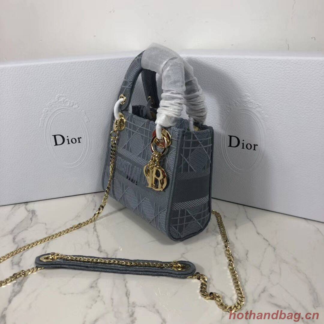 MINI LADY DIOR TOTE BAG IN EMBROIDERED CANVAS C4531 grey blue