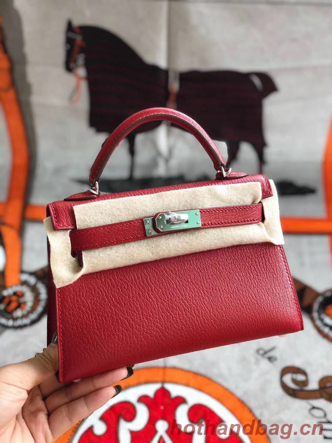 Hermes original mini Kelly chevre mysore K19CM red&silver Metal