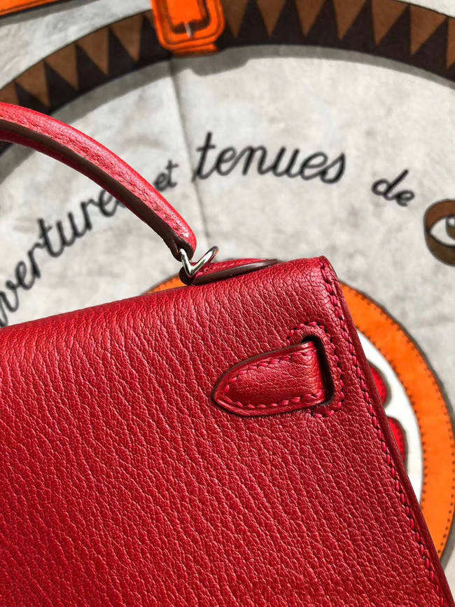 Hermes original mini Kelly chevre mysore K19CM red&silver Metal