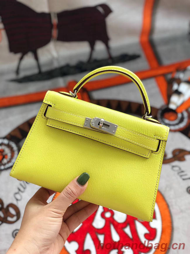 Hermes original mini Kelly chevre mysore K19CM yellow&silver Metal